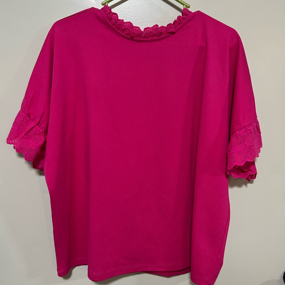Ann Taylor pink ponte knit tshirt with eyelet trim T-shirt Size L